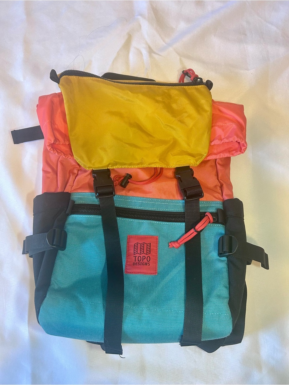 Topo Designs Rover Pack Classic Colorblock Roll-Top BackpackCoral, Teal & Yellow - Picture 3 of 8